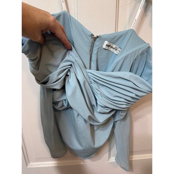 Self Portrait Blue Off The Shoulder Cold Shoulder Sheer Sleeve Top Size 6 - Picture 7 of 10